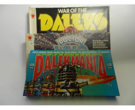 Four boxed Dr Who Dalek items, two "War of the Daleks" games by Denys Fisher circa 1975, both complete with 8 Daleks, a Dr Wh