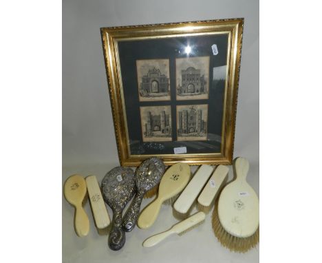 A mixed selection of ivory, ivorine and silver-backed dressing table brushes with two framed London architectural prints*