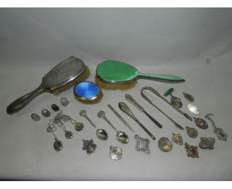 A collection of silver and silver and enamel mounted dressing table brushes together with a Sampson and Mordan retractable pe