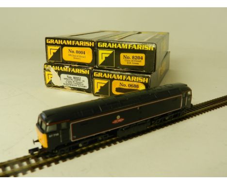 Four boxed Graham Farish N Gauge diesel locomotives, Class 25 D7645 in BR green (incorrect box), No.8204 Class 20, 8004 Class