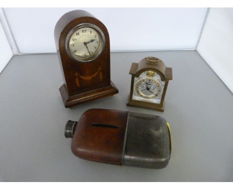 A small inlaid dome clock, a miniature Brass Tempess Clock and a Hip Flask