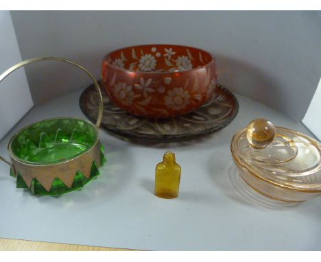 A small quantity of coloured glass ware to include candlestick and matching vases