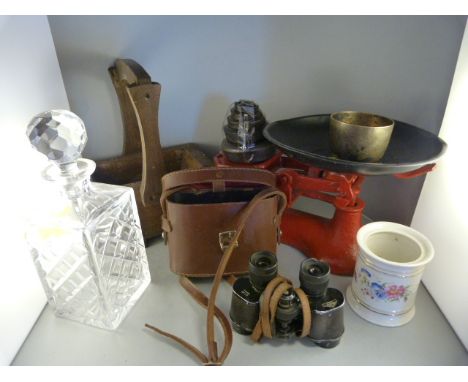 A Set of vintage weighing scales and weight, small trug, decanter, binoculars etc over 2 shelves