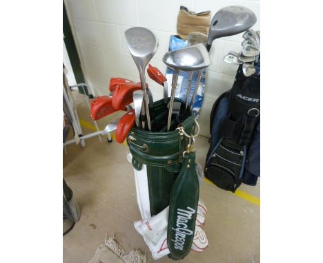 A Macgregor golf bag containing Wilson Irons, 2 -9 pitcher sand wedge putter, and Petron Woods 13 and 5 plus Mercury Driver
