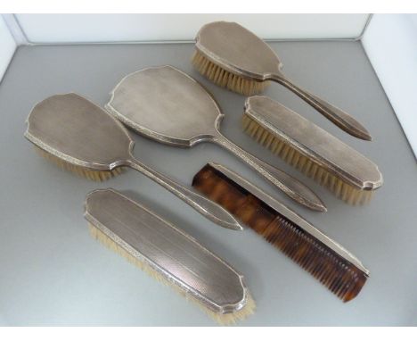 Hallmarked silver dressing table pieces - 4 brushes, Comb and Mirror - (6)