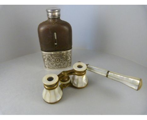 Mother of pearl opera glasses with handle and a Silverplated hip flask