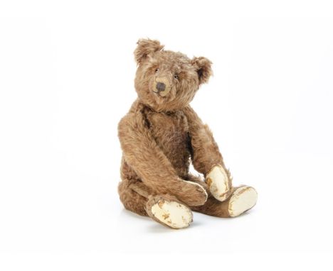 A 1930 Steiff teddy bear,  with brown mohair, clear and black glass eyes with brown backs, pronounced muzzle, black stitched 