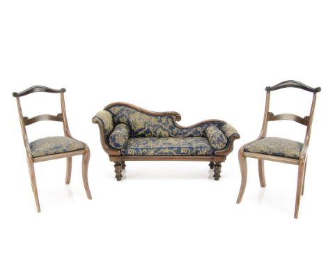 A well made large-scale dolls' house sofa and two chairs,  probably circa 1900, the sofa with asymmetrical shaped back, turne