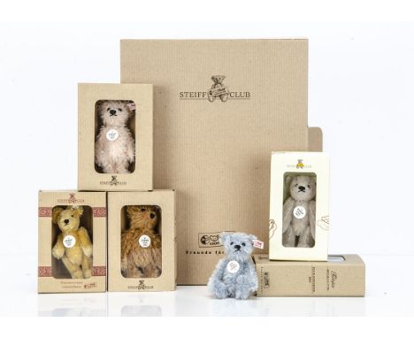 Five Steiff Club gift teddy bears,   1997, 2002 to 2005,  in original window boxes; a Steiff perspex leaflet stand and some c