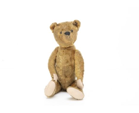An early American or German teddy bear,  with dark golden mohair, black boot button eyes, pronounced muzzle, black stitched n