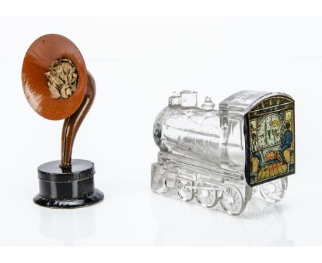 Two Sweet/Candy containers, a painted tinplate Penny Toy horn speaker with container in base and original sweets --4¼in. (11c