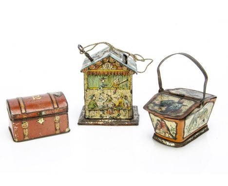A German Penny Toy puppet theatre money bank,  lithographed tinplate with lockable roof --2¾in. (7cm.) high; a Penny Toy picn