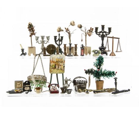 Dolls' house chattels,  a goose feather Christmas tree --3¼in. (8.5cm.) high,  a soft metal ceiling lamp with bead fringe, ca