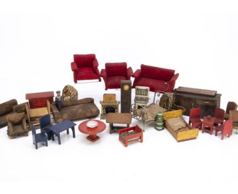 A selection of dolls' house furniture,  a small tinplate and soft metal fireplace --2¾in. (7cm.) wide (worn); a T &amp; B gas