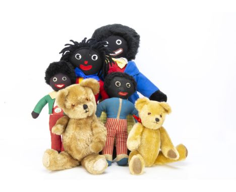 Two teddy bears and four Gollies, a 1960s jointed British teddy bear with white plush pads --16in. (41cm.) high; a Big Softie
