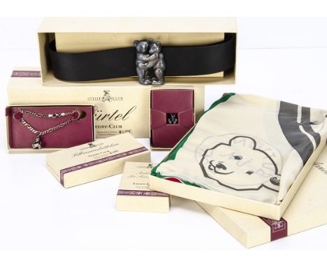 Four  Steiff ladies' accessories,  a 925 silver bracelet with teddy bear charm; a 925 silver teddy bear charm; a leather belt