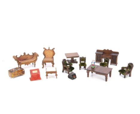 An interesting group of dolls' house furniture, probably well-homemade or cottage industry, a 19th century sofa with ornate b