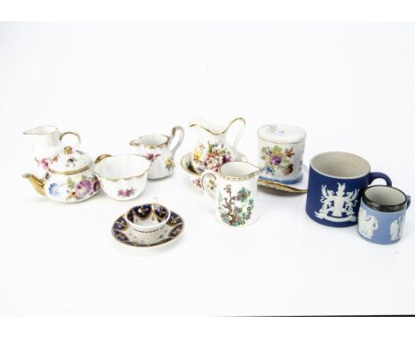 Miniature porcelain,  a 19th century cup and saucer (hairline crack to cup); a Dresden top hat --2in. (5cm.) high; a Hammersl