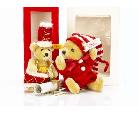 Two Steiff limited edition USA Christmas tree ornaments,  both from F.A.O. Schwarz, Teddy Bear Percussion, 3379 of 3500 with 