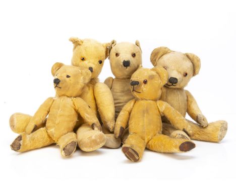 Five British teddy bears,  a completely bald 1930s Chiltern type --17in. (43cm.) high; three worn post-war Chads and a Pedigr