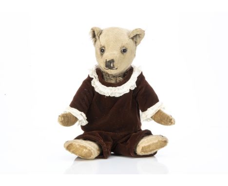 A rare 1930s Chiltern frosted brown mohair Hugmee teddy bear, with clear and black glass eyes with brown painted backs, prono