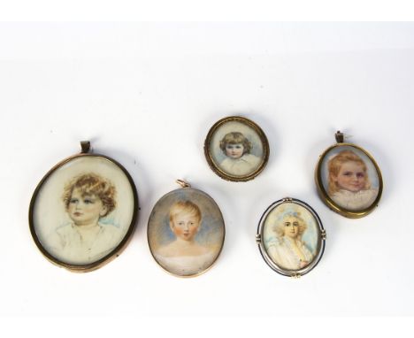 Five 19th Century and later portrait miniatures,  a 19th century blond haired child with low neck line and short hair, the re