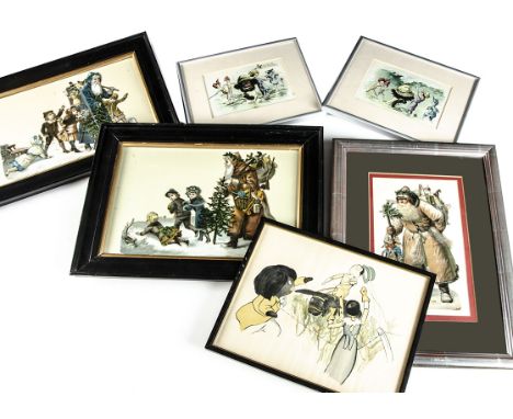 Three chromolithographic Father Christmas scraps,  nicely framed --8¾in. (22cm.) height of solo standing figure (faded); and 