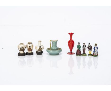 Dolls' house ornaments, four porcelain figurines, nicely painted with blue CXR to base --1½in. (3.5cm.) high; three Satsuma v