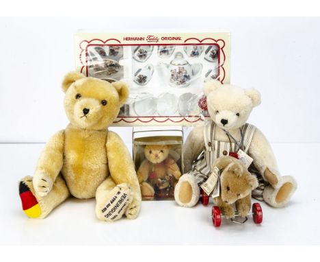 Hermann teddy bears,  Gute Frunde bear with miniature bug bear, in original plastic box; Benjamin in dungarees --17in. (43cm.