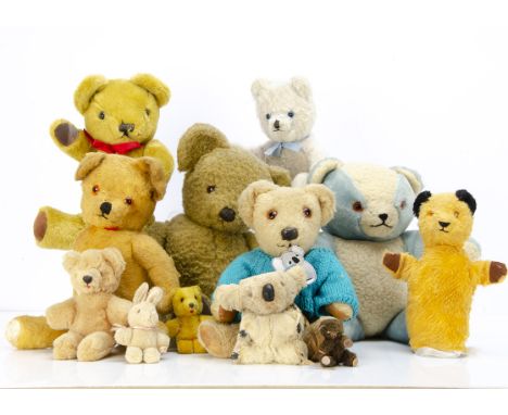 Various post-war teddy bears,  a Chad Valley jointed dark blonde synthetic plush teddy bear --17in. (43cm.) high; an unjointe