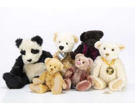 Five artist teddy bears and a Steiff,  a Hilltops Toys jointed panda --15½in. (39.5cm.) high; a L.J. Bears musical teddy; a C