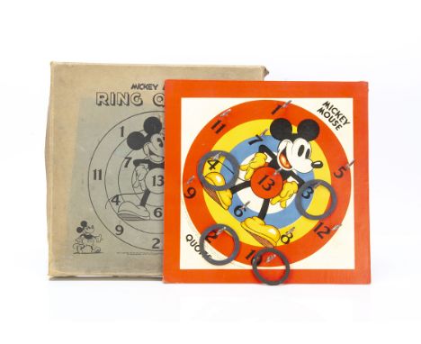 A 1930s Chad Valley Mickey Mouse Ring Quoits, colour printed board with hooks, four rubber rings, in original box --13¾in. (3