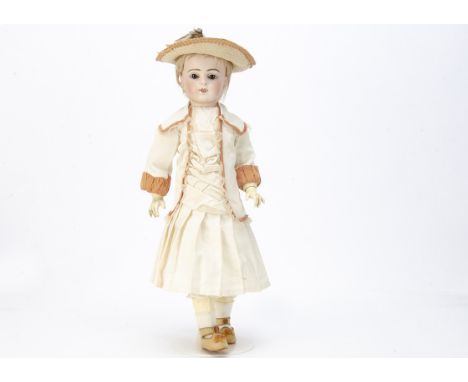  A Bru Jne R walking bébé,  with brown sleeping eyes, brown feathered brows, open slightly smiling mouth with teeth, pierced 