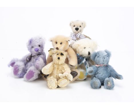 Two L J Bears artist teddy bears,  one called Lucky with die --7½in. (19cm.) high and Amethyst, both with card tags; and four