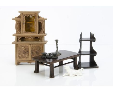 Larger scale dolls' house items, a wood Art Nouveau printed design dresser with glazed cupboard --9½in. (24cm.) high; a cast-