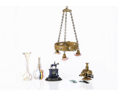 Dolls' house chattels,  a gold painted soft metal chandelier with three pink glass shades with bulbs --4½in. (11.5cm.) high (