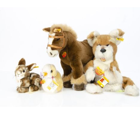 Steiff yellow tagged soft animals,  a brown pony --15in. (38cm.) long, a Mimic dog hand puppet; a Dormili rabbit and Movi duc