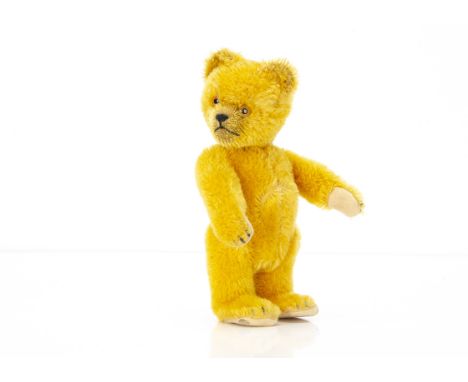 An unusual small Schuco yes/no golden mohair teddy bear,  with clear and black glass eyes with orange backs, pronounced muzzl