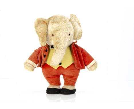 A 1930s artificial silk plush Mr Elephant,  white plush head, ears and hands, clear and black glass eyes with red painted bac