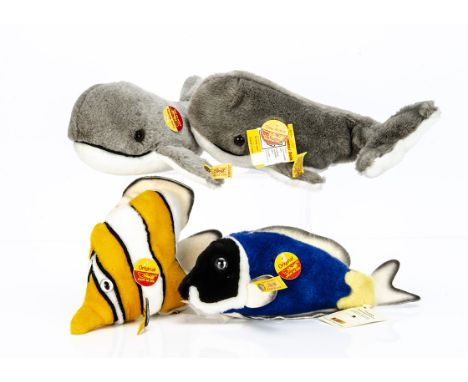 Steiff yellow tagged soft sea creatures,  two Cosy Mobby whale --11in. (28cm.) high, a Butterfly fish and Pincette fish, all 