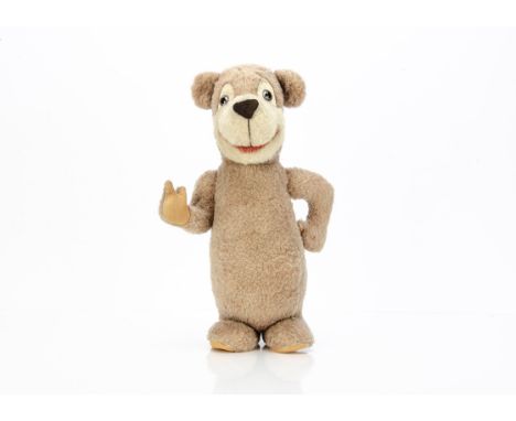 An unusual French comic teddy bear 1950s, probably O'Lis with light brown wool plush, clear and black glass eyes with remains