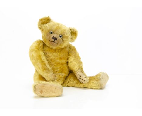 A J K Farnell teddy bear 1920s,  with golden mohair, clear and black glass eyes with remains of brown painted backs, pronounc