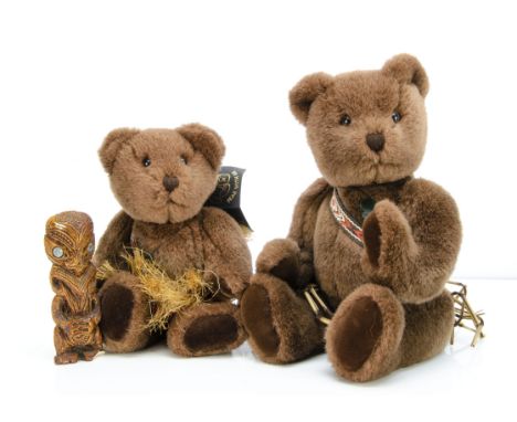 Two Bear with Us New Zealand M?ori teddy bears,  brown plush, swivel head and jointed with card tags, the largest --14½in. (3