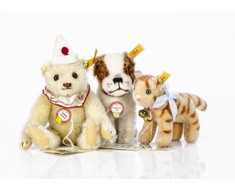 Three Steiff yellow tagged Historic Miniatures,  a yellow Teddy Clown, a Tabby 1929 and St Bernard 1934 with card tags, and a