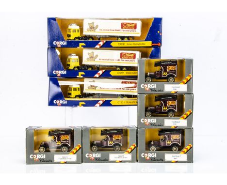 Corgi for Steiff diecast vehicles, three C1231 Volvo Globetrotter articulate lorries; and five Ford Model T Vans, all with St
