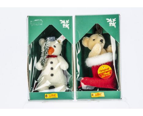 Two Steiff limited edition Christmas tree ornaments,  1997 Christmas Tree Bear Golden 10 in red boot, 3506 of 5000; and 1999 