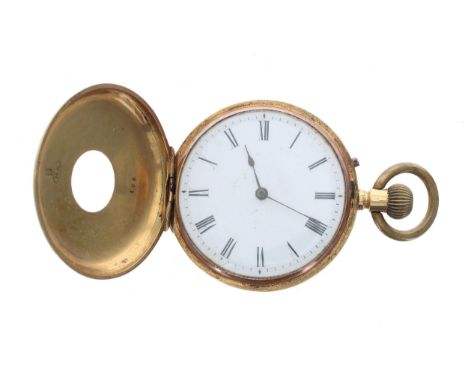 Attractive 18k and enamel half hunter fob watch, gilt frosted cylinder bar movement with gilt three arm balance and regulator