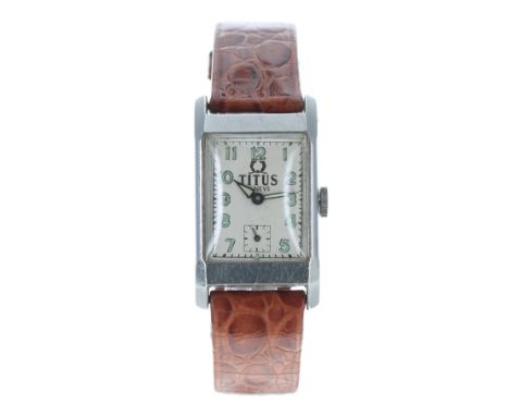 Titus Genéve rectangular stainless steel gentleman's wristwatch, rectangular silver dial with Arabic numerals, minute track a