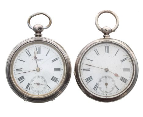 Two silver cylinder pocket watches, unsigned three quarter plate movements, hinged cuvettes signed J.W. Benson, 62&64 Ludgate