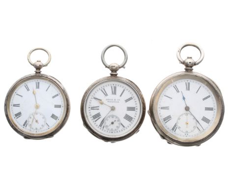 Three silver cylinder engine turned pocket watches, 54mm, 48mm, 47mm (3) 